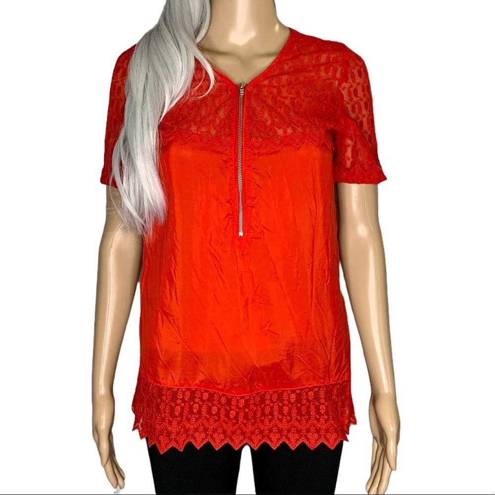 Kooples Silk Skull Lace Embroidery Zipper Short Sleeve Red Top Size XS
